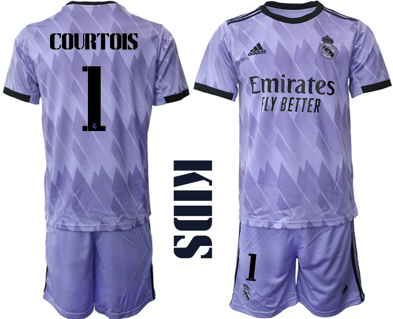 Real Madrid Bortatröja Barn 2022-23 Kortärmad + Korta byxor med tryck COURTOIS 1